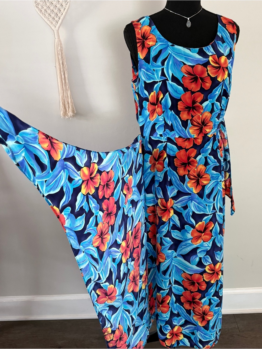 Sleeveless Hibiscus Floral Blue Vintage Silk Maxi Dress